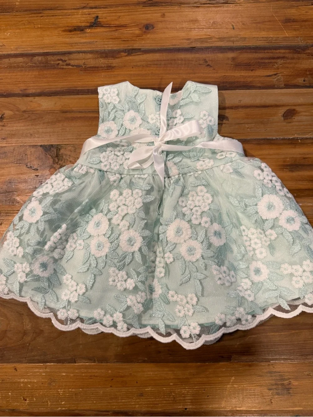Just Lizzy Mint Green Embroidered Floral Lace Pearl Baby Dress 3/6M